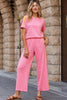 Bonbon Color Contrast Crewneck T Shirt and Wide Leg High Waist Pants Set