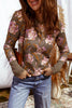 Brown Floral Print Waffle Textured Long Sleeve Top