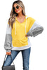 Yellow Stripe Color Block Drawstring V Neck Loose Fit Hooded Top