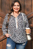 Multicolour Leopard Print Contrast Trim Button Split Neck Plus Long Sleeve Top