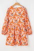Orange Floral Print Split V Neck Bubble Sleeve Plus Size Midi Dress