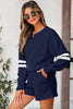 Navy Blue Varsity Striped Sleeve Drop Shoulder Sweatshirt and Short Set