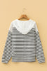 Black Stripe Textured Hooded V Neck Casual Long Sleeve Top