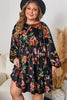 Black Plus Size Floral Print Tie Neck Cinched Waist Long Sleeve Mini Dress