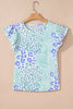 Sky Blue Leopard Layered Ruffle Short Sleeve Casual Blouse