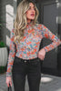 Blue Slim Fit Floral Mesh Long Sleeve Mock Neck Top