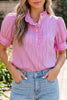 Pink Stripe Ruffle Trim Half Button Short Puff Sleeve Blouse