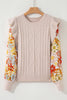 Parchment Cable Knit Ruffle Detail Contrast Floral Sleeve Patchwork Sweater