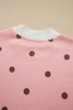 Brown Polka Dot Ribbed Trim Long Sleeve Top Casual Short Set