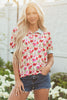 Red Floral Print Striped Patchwork Collared Short Sleeve Blouse
