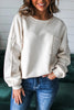White Exposed Seam Chest Pocket Knit Pullover Sweatshirt