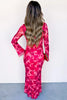 Red Floral Print Cuff Hem Serging Long Sleeve Sheath Dress