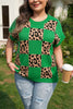 Red Plus Size Leopard Contrasted Checkered Short Sleeve Sweater