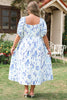 Sky Blue Floral Print Sweetheart Neck Plus Size Midi Dress