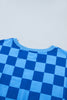 Dark Blue Plaid Checkered Long Sleeve Crop Top Elastic Waist Shorts Two Piece Set