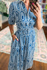 Blue Geometric Print Short Sleeve Drawstring Shirt Collar Dress