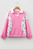 Bonbon Colorblock Polo Collar Floral Patchwork Puff Sleeve Top