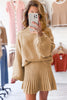 Smoke Gray High Neck Puff Sleeve Sweater Pleated Mini Skirt 2pcs Knitted Outfit