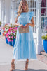 Sky Blue Knot Back Ruffled Short Sleeve Gingham Maxi Dress