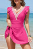 Navy Blue Ruffled Short Sleeve Lace Trim V Neck One Piece Swim Dress