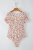 Orange Short Sleeve Floral Ruched Sweetheart Bodysuit