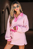 Pink Stripe Collared V Neck Drop Shoulder Pullover and Skort 2pcs Outfit