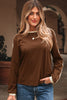 Dark Brown Varsity Striped Accent Contrast Crew Neck Long Sleeve T Shirt
