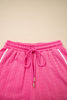 Bright Pink Textured Color Block Trim Loose Tee Drawstring Shorts 2pcs Set