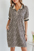 Khaki Leopard Print Zip Neck Striped Webbing Patchwork T Shirt Mini Dress