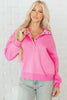 Bright Pink Half Button Stand Neck Drop Shoulder Sweatshirt