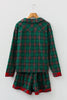 Green Plaid Contrast Patched Christmas Holiday Long Sleeve Shirt and Short 2pcs Pajama Set