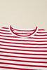 Red Stripe Round Neck Ruffle Trim Long Sleeve Top