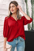 Fiery Red Solid Color Frilled V Neck Bow Detail 3/4 Sleeve Blouse