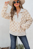 Khaki Checker Sherpa Corduroy Patchwork Zip up Collared Jacket
