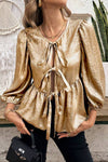 Gold Bow Tie Front Puff 3/4 Sleeve Ruffle Hem Blouse