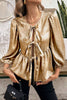 Gold Bow Tie Front Puff 3/4 Sleeve Ruffle Hem Blouse