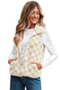 Khaki Sherpa Checkerboard Snap Button Vest Jacket With Pocket