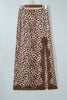 Khaki Cheetah Print Trim Split Long Western Skirt
