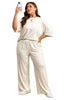 Khaki Plus Size Checkered Print Half Sleeve Tee Loose Pants Two-piece Lounge Set