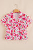 Pink Floral Boxy Fit Ruffled Short Sleeve V Neck Blouse