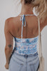 Sky Blue Random Printed Mesh Bow Detail Halterneck Tank Top