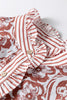 Floral Print Frilled Striped Trim Button Down Smocked Cuffs Long Sleeve Shirt