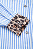 Sky Blue Striped Leopard Print Patchwork Button Up Womens Shirt