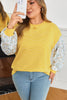 Yellow Stripe Striped Contrast Floral Sleeve Patchwork Plus Size Loose Top