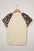 Apricot Ribbed Color Block Leopard Contrast Sleeve Loose Tee