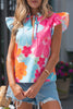 Multicolour Vibrant Flower Printed Tie V Neck Ruffle Trim Sleeveless Blouse