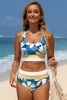 Green Floral Print Racerback Cutout High Waist 2pcs Bikini