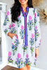 Sky Blue Floral Print Contrast Striped Trim Notched Neck Long Sleeve Dress