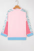 Light Pink Floral Colorblock Patchwork Chest Pocket Notched Neck Long Sleeve Top