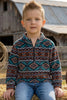 TEAL & BROWN LIGHT FLEECE AZTEC PRINTED PULLOVER SWEATER.
